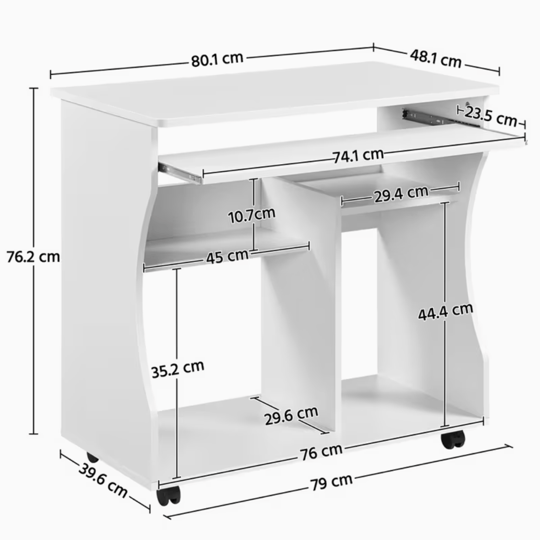 Vue isolée bureau informatique blanc avec tablette clavier coulissante