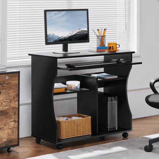Bureau informatique compact noir avec tablette clavier coulissante et roulettes