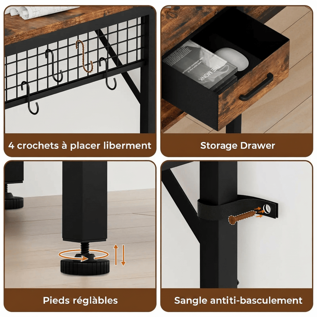Bureau noir et bois 4 fonctionnalités crochets tiroir pieds réglables sangle anti-basculement