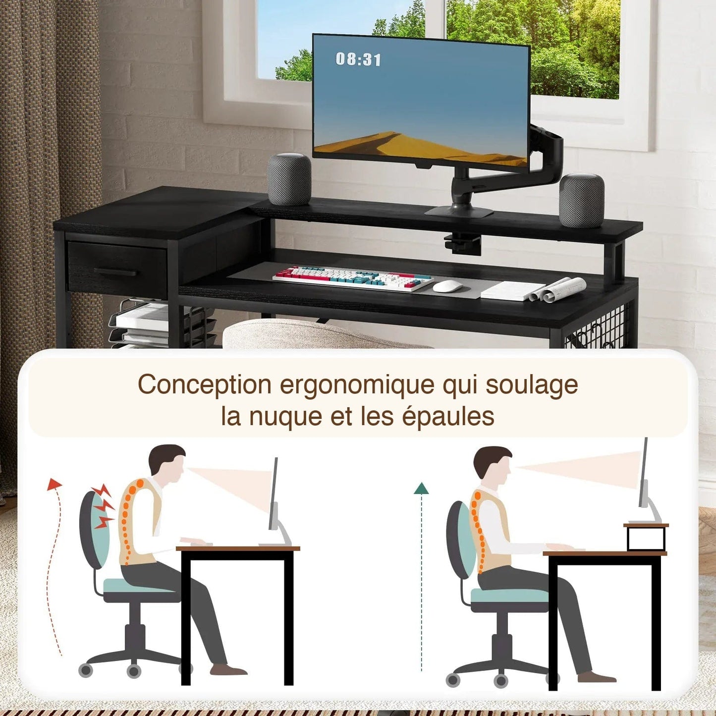 Bureau noir et bois conception ergonomique soulage nuque et épaules v2