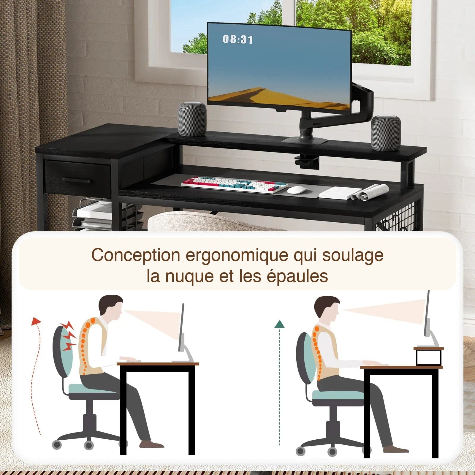 Bureau noir et bois conception ergonomique soulage nuque et épaules v2