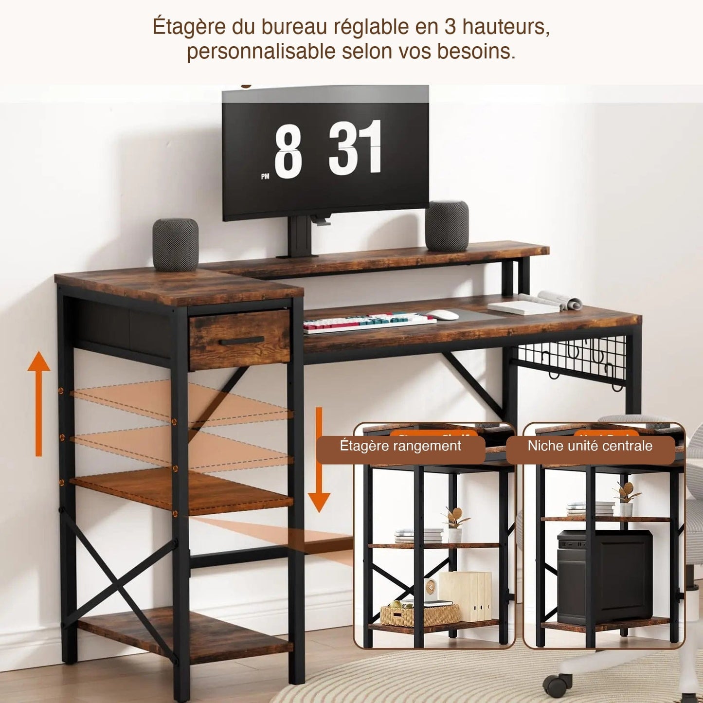 Bureau noir et bois étagère réglable 3 hauteurs étagère et niche unité centrale v2