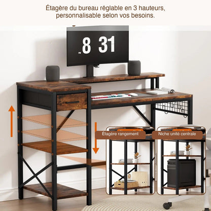 Bureau noir et bois étagère réglable 3 hauteurs étagère et niche unité centrale v2