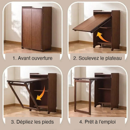 Bureau pliable en bois 4 étapes de dépliage : avant ouverture, plateau, pieds, prêt à l'emploi