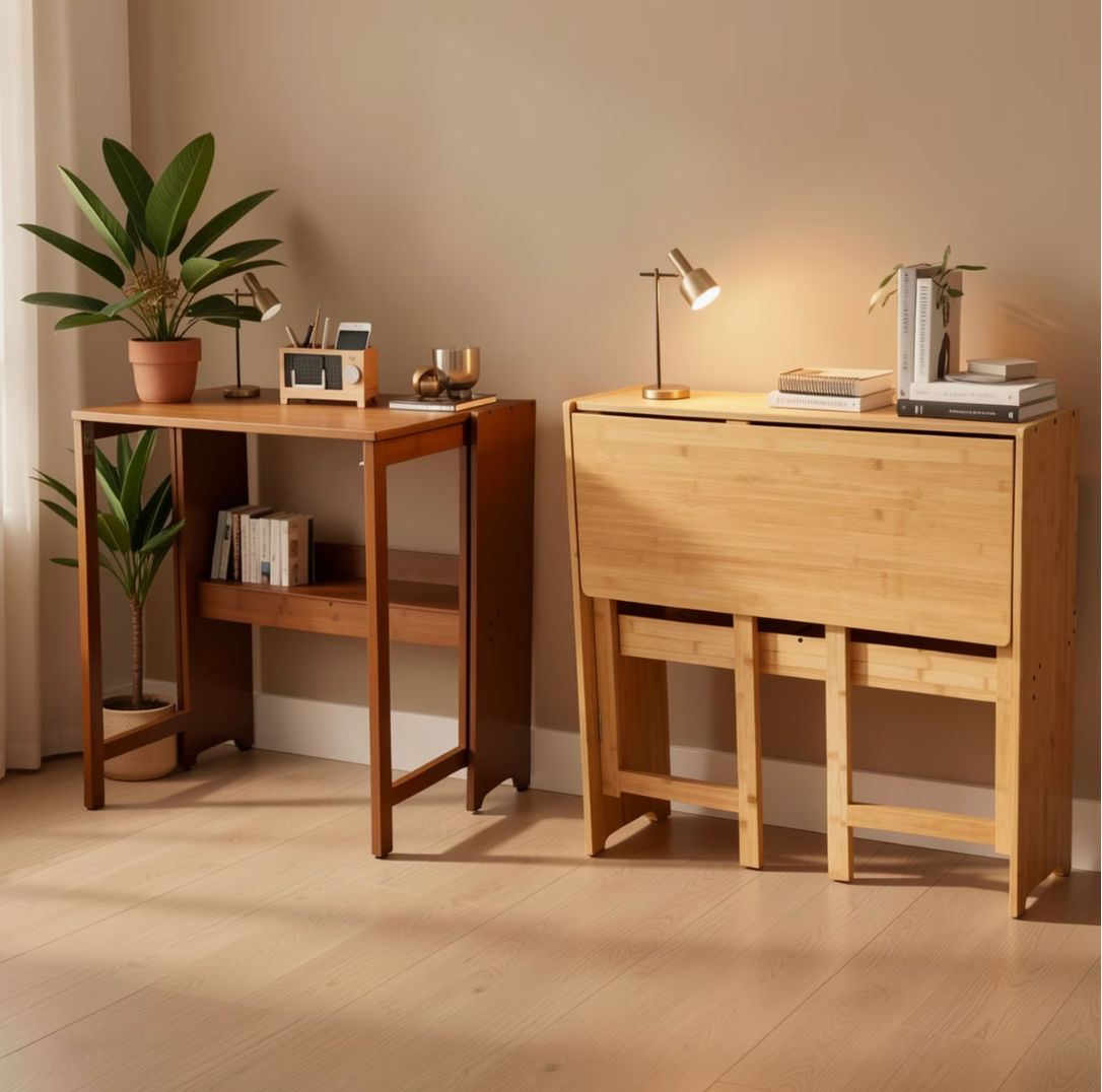 Bureaux pliables en bois, finitions bambou et ébène, installés dans une pièce claire