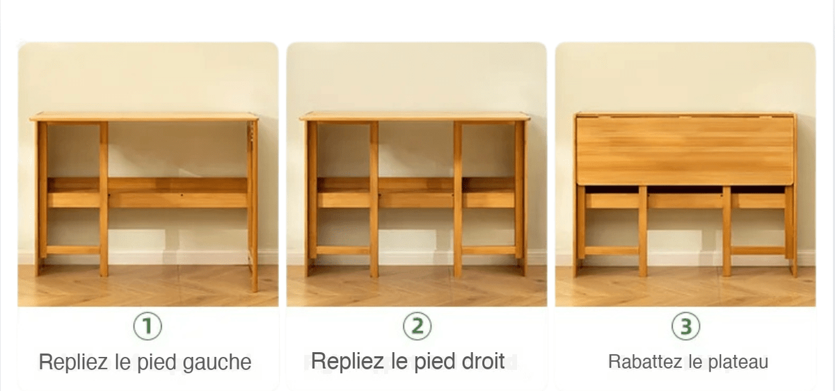 Les trois étapes pour plier le bureau : repliez le pied gauche, repliez le pied droit, rabattez le plateau