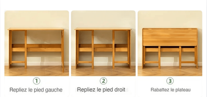 Les trois étapes pour plier le bureau : repliez le pied gauche, repliez le pied droit, rabattez le plateau