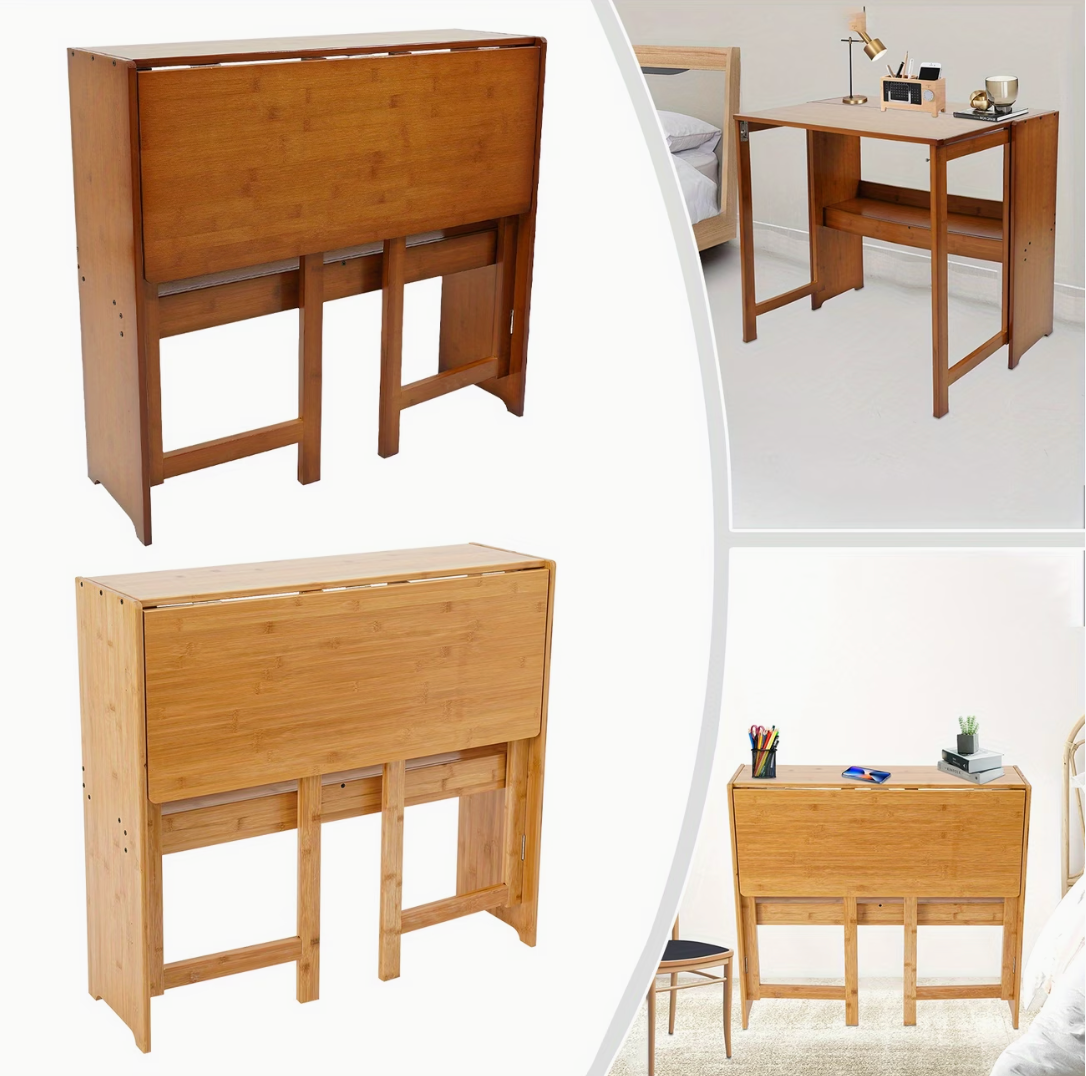 Bureau pliable en bois plié contre un mur et déplié en poste de travail, dans les deux finitions