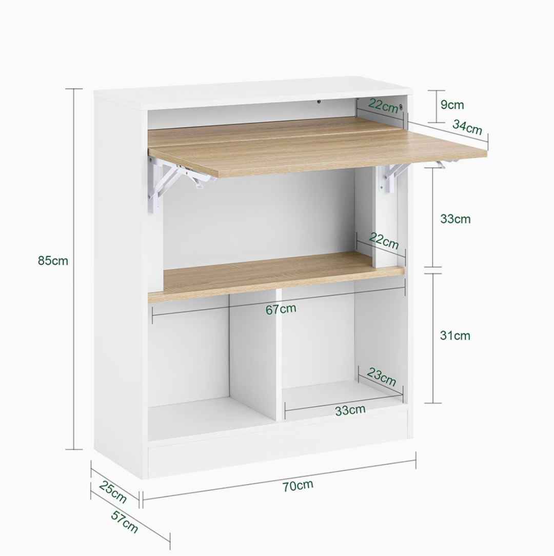 Dimensions du bureau pliable mural : Largeur 70 cm, Hauteur 85 cm, Profondeur 57 cm déplié