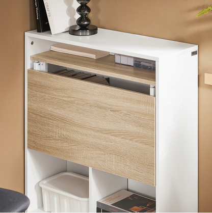 Détail du plateau rabattu et de la tablette haute du bureau pliable mural