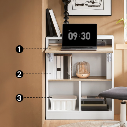 Les quatre niveaux de rangement du bureau pliable mural, numérotés