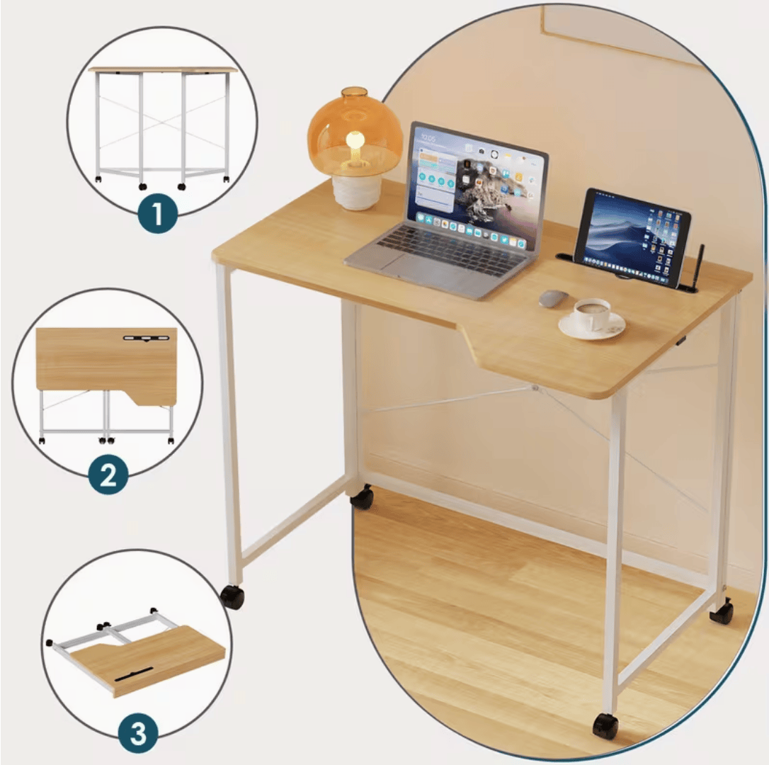 Bureau pliable petit espace en bois chêne sur roulettes silencieuses