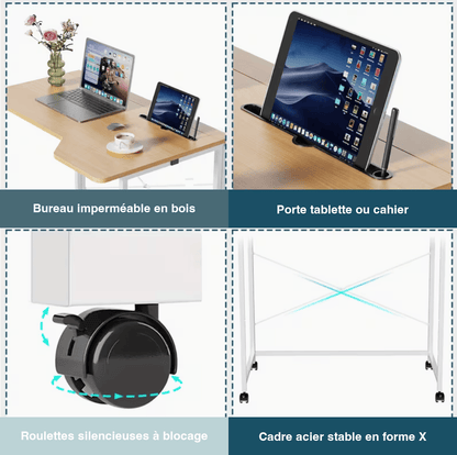 4 caractéristiques bureau pliable : imperméable, porte tablette ou cahier, roulettes silencieuses, cadre acier en X