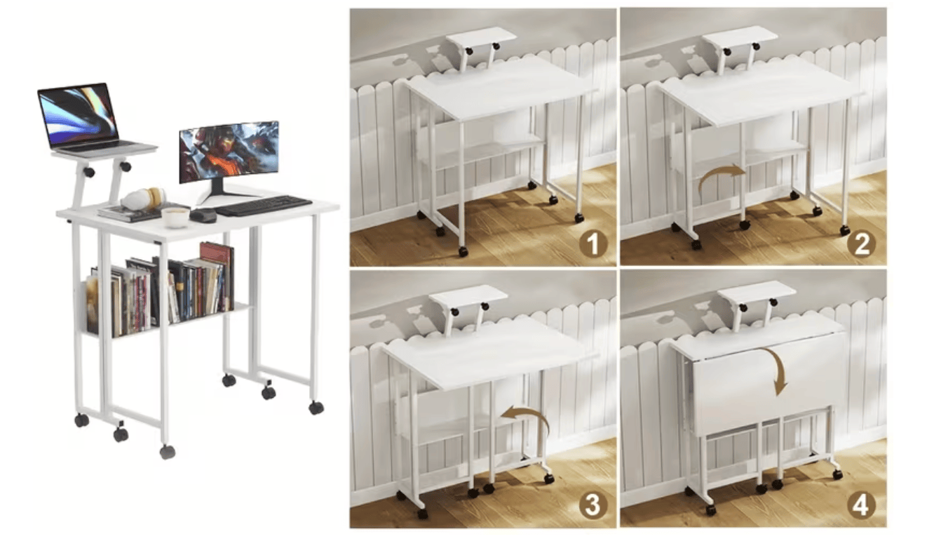 Bureau petit espace pliable en 4 étapes pour un rangement compact
