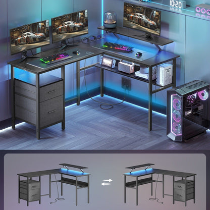 Bureau en L avec multiprise intégré, avec rehausseur d'écran, LED intégré, 2 tiroirs, 2 ports USB