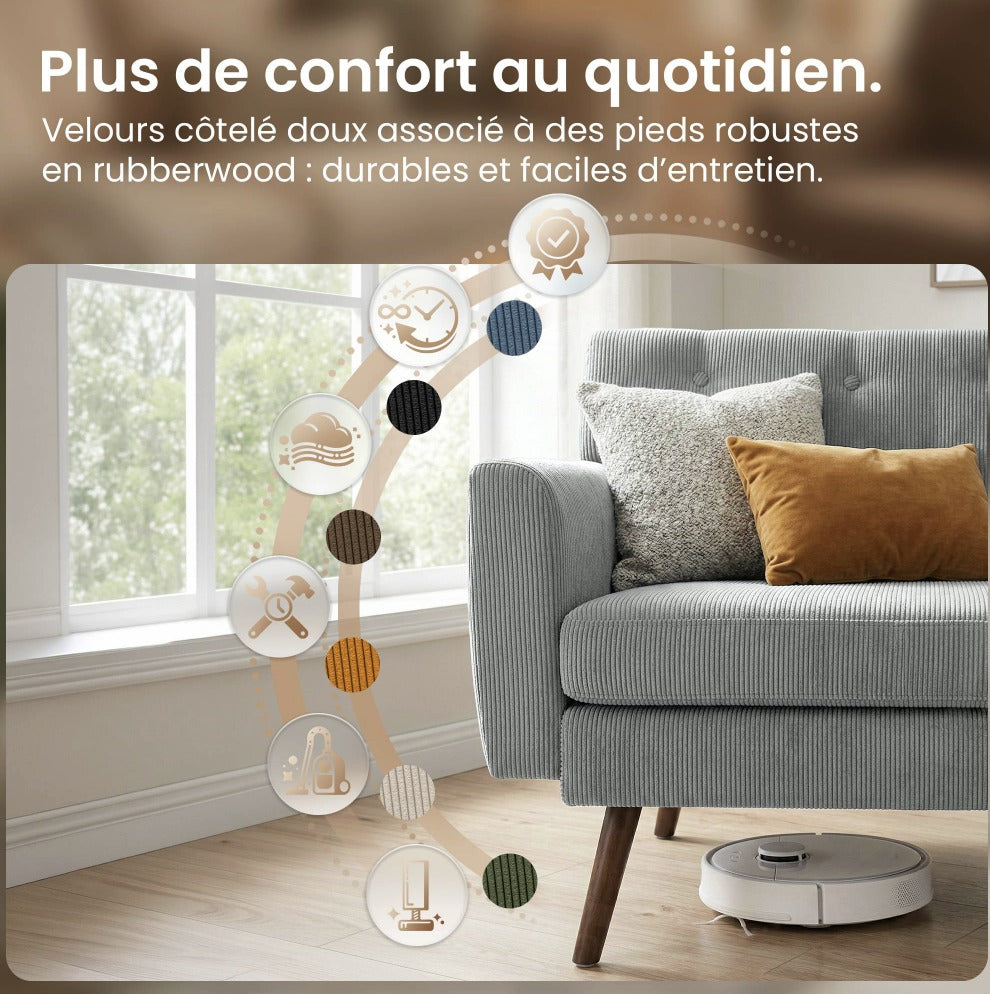 Velours côtelé et pieds en bois du canapé