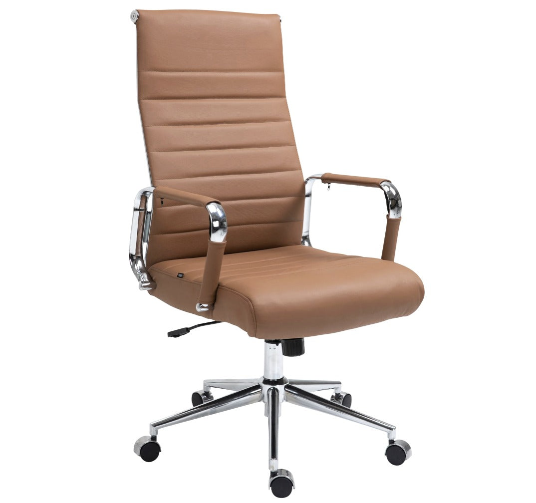 Chaise de bureau en cuir marron à dossier haut