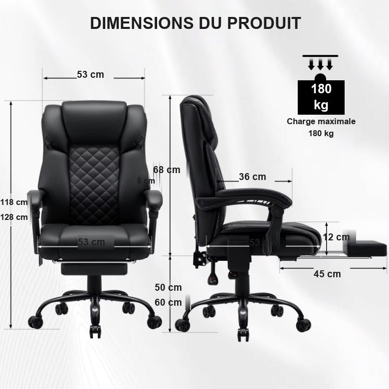 Dimensions de la chaise massante, 53 cm de large, assise de 50 à 60 cm