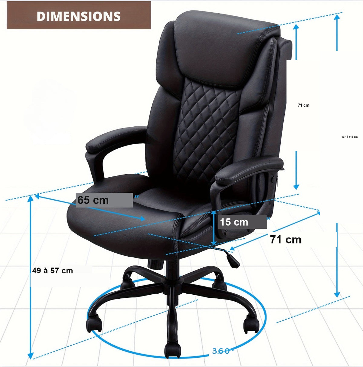 Dimensions de la chaise de bureau simili cuir
