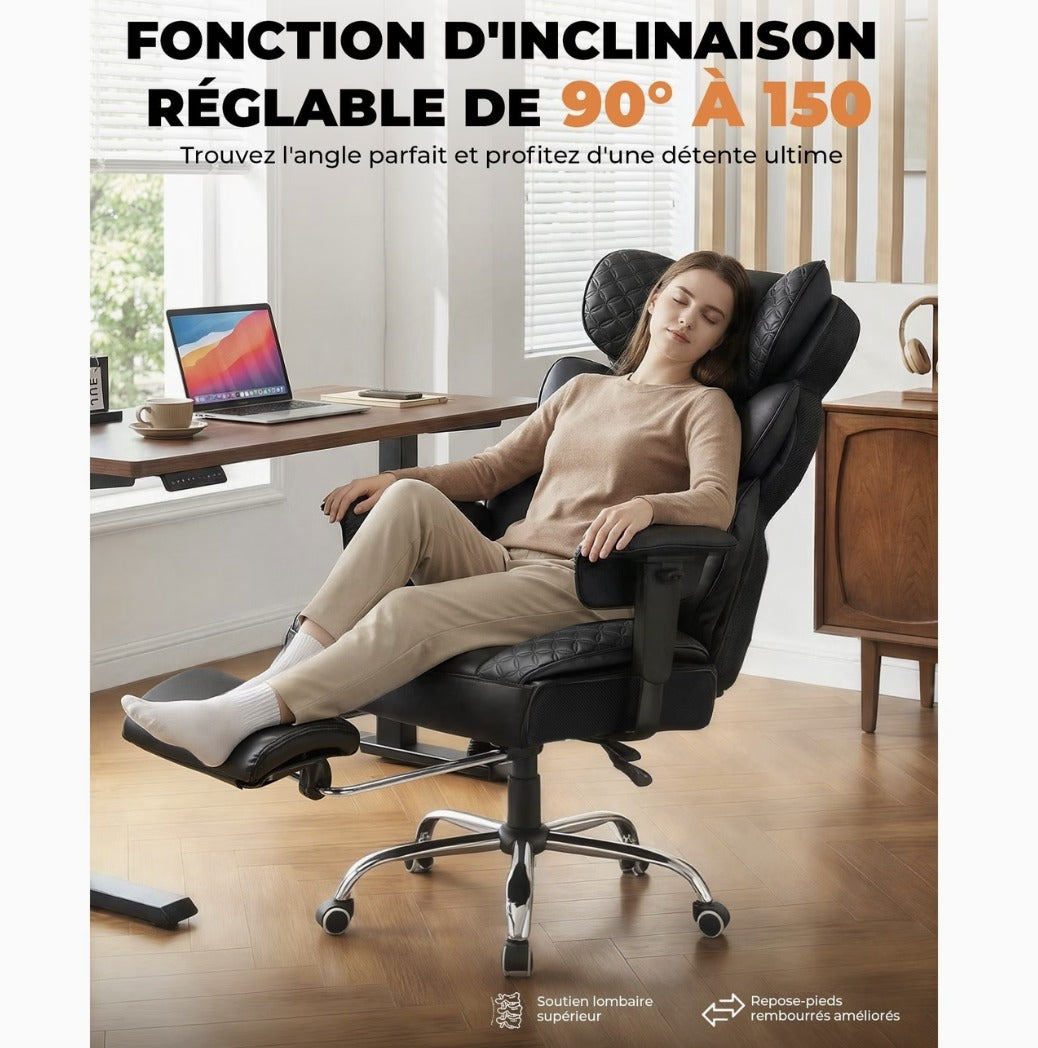 Dossier incliné à 150 degrés et repose-pieds déployé sur le fauteuil de bureau