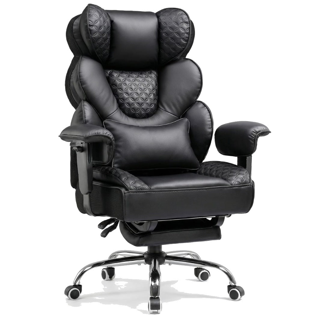 Fauteuil de bureau noir en cuir PU à dossier ailé matelassé avec repose-pieds