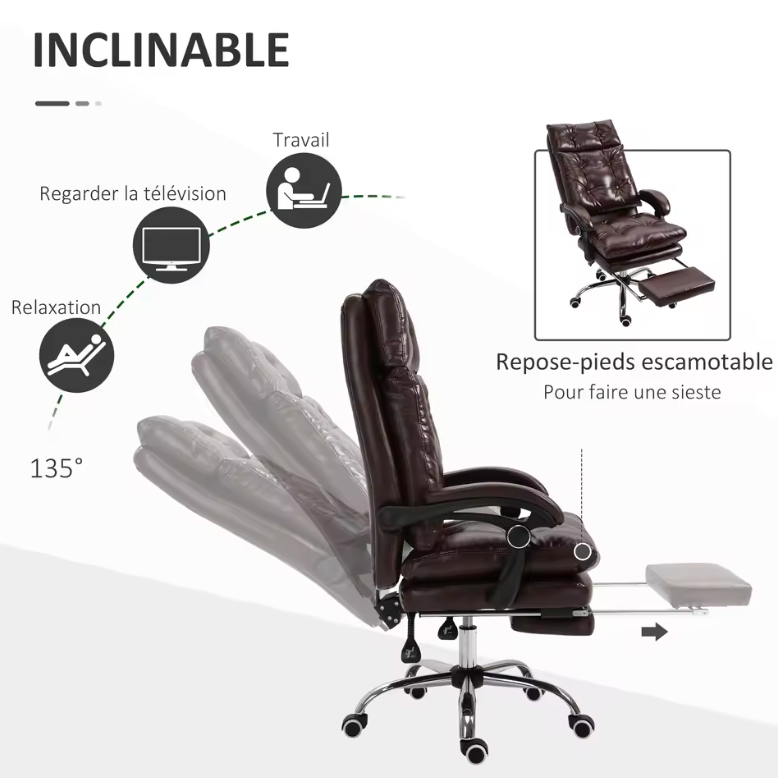 Dossier de la chaise de bureau vintage inclinable jusqu a 135 degres avec repose-pieds sorti
