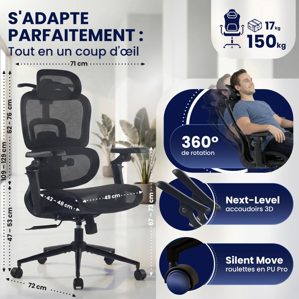 Dimensions de la chaise de bureau ergonomique