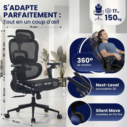 Dimensions de la chaise de bureau ergonomique