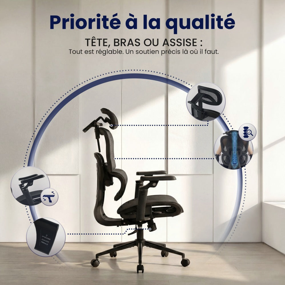Tête, bras, dossier, assise : chaque appui se règle