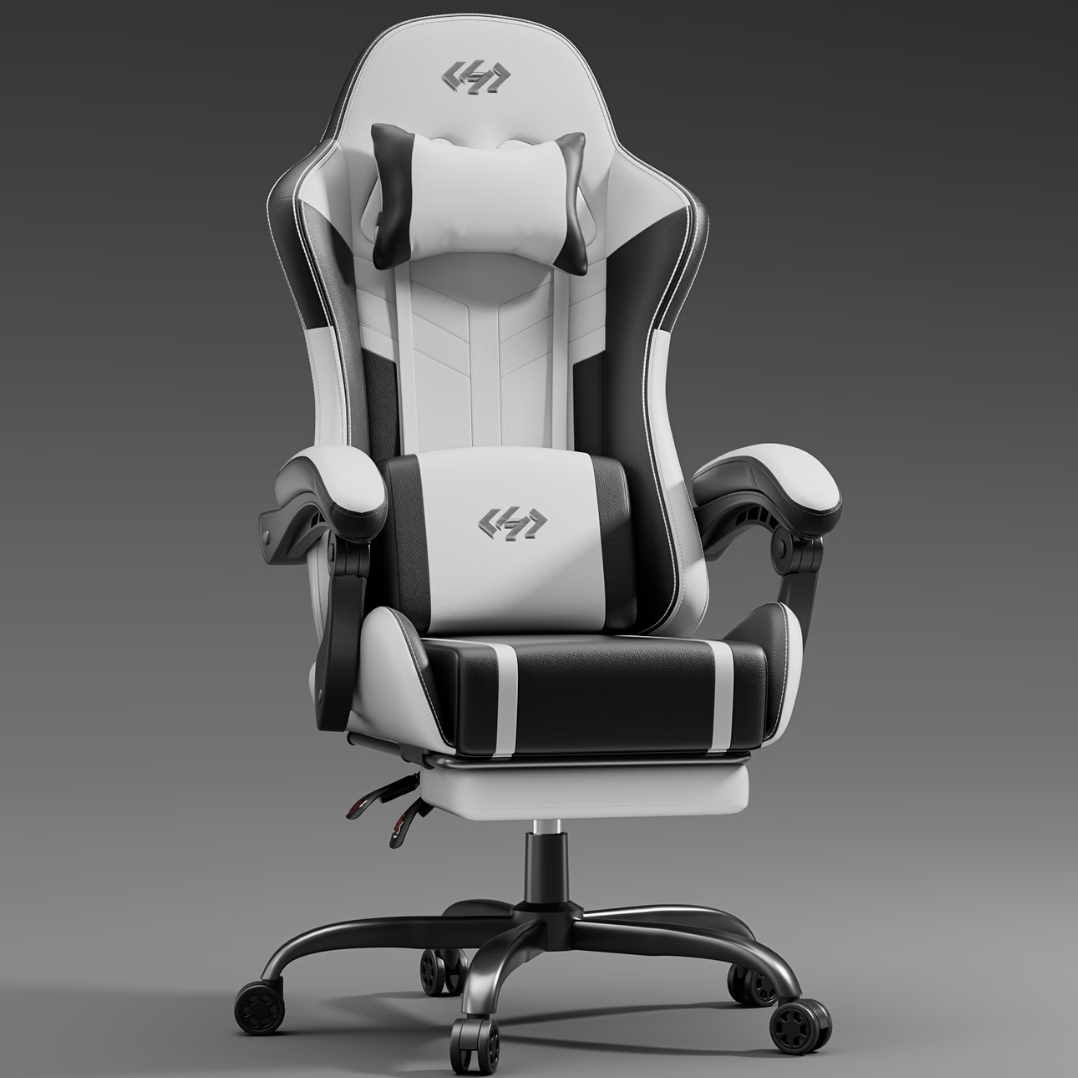 Chaise de bureau gamer blanche et noire, dossier inclinable et repose-pieds escamotable