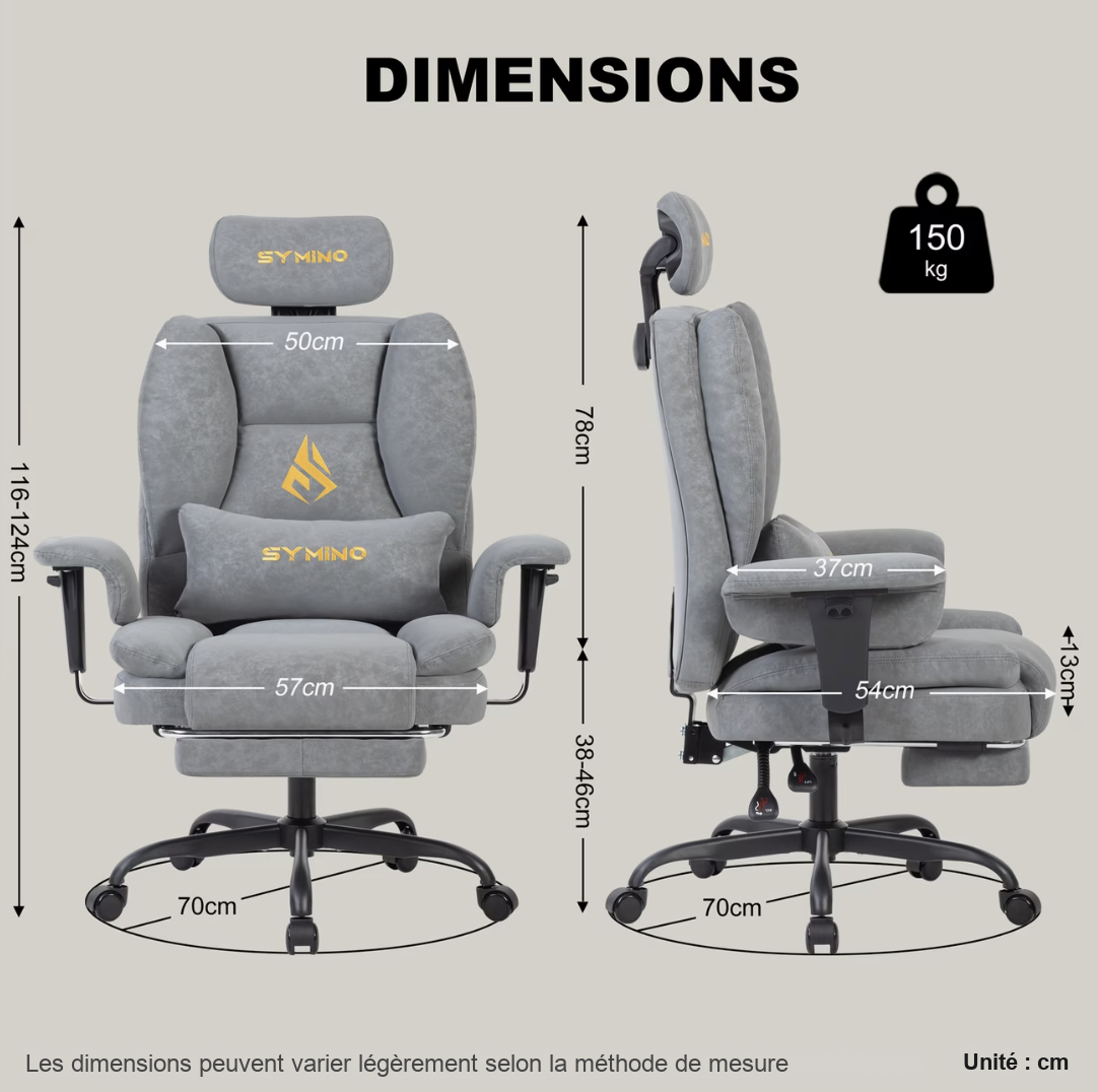 Dimensions de la chaise gamer confort : hauteur 116 à 124 cm, assise 57 cm, piètement 70 cm, charge 150 kg