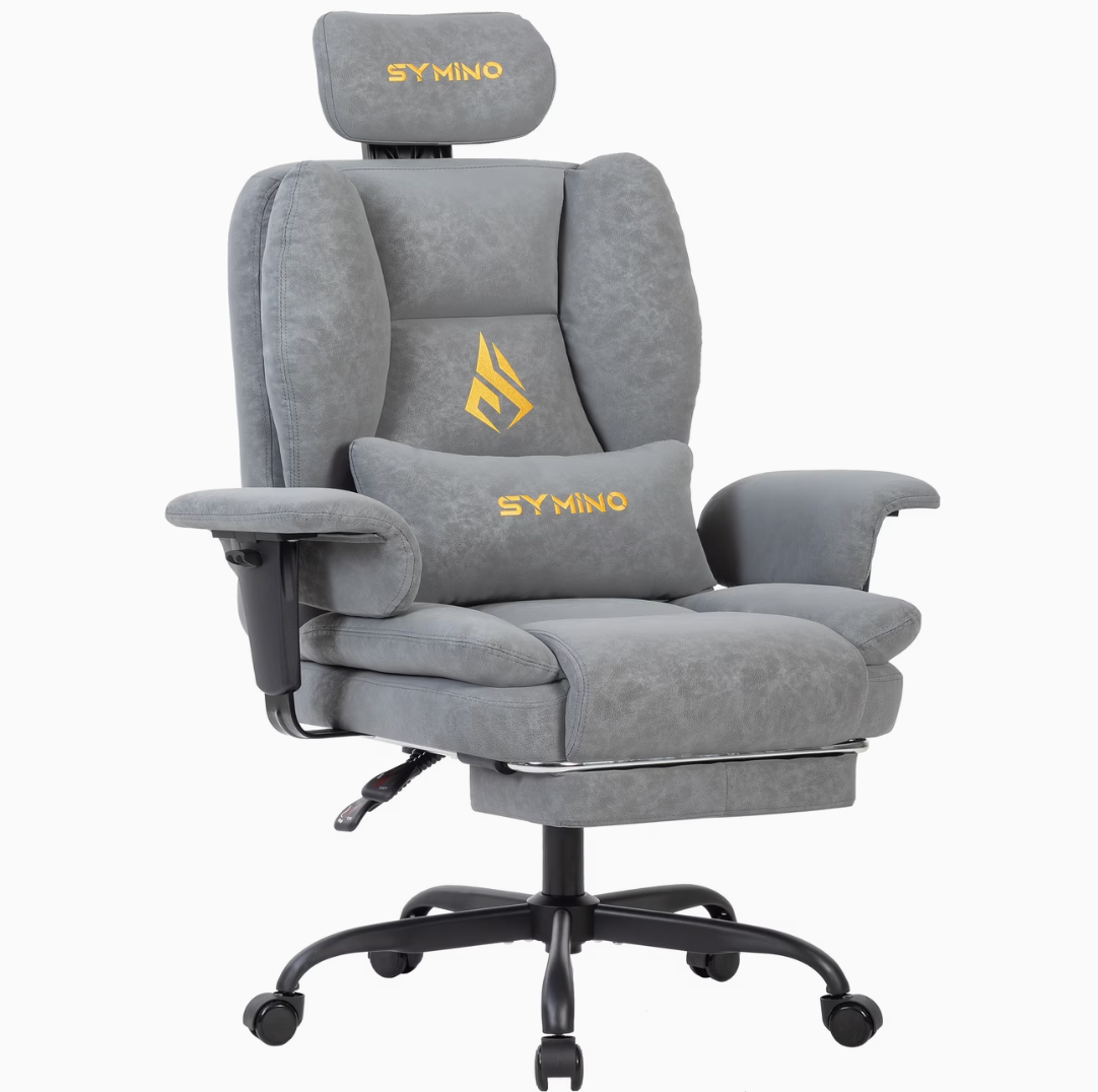 Chaise gamer confort grise, dossier haut, accoudoirs rembourrés et repose-pieds escamotable