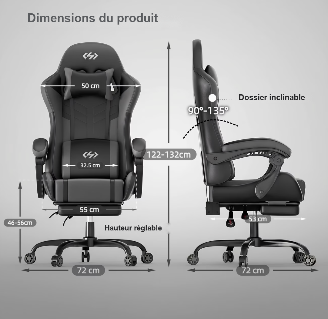 Dimensions de la chaise gamer : hauteur 122 à 132 cm, assise 55 cm, profondeur 53 cm, piètement 72 cm