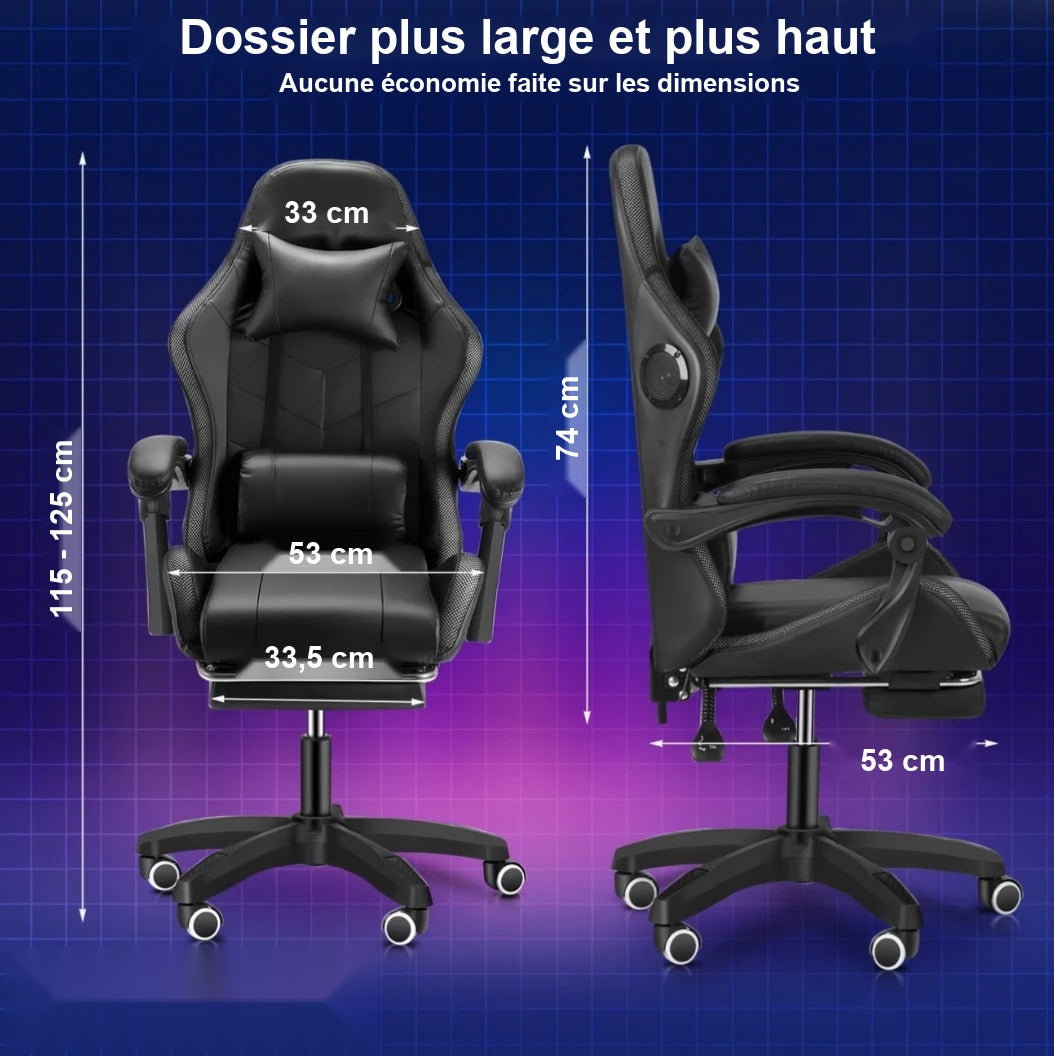 Dossier large et haut de la chaise gamer LED RGB avec ses cotes