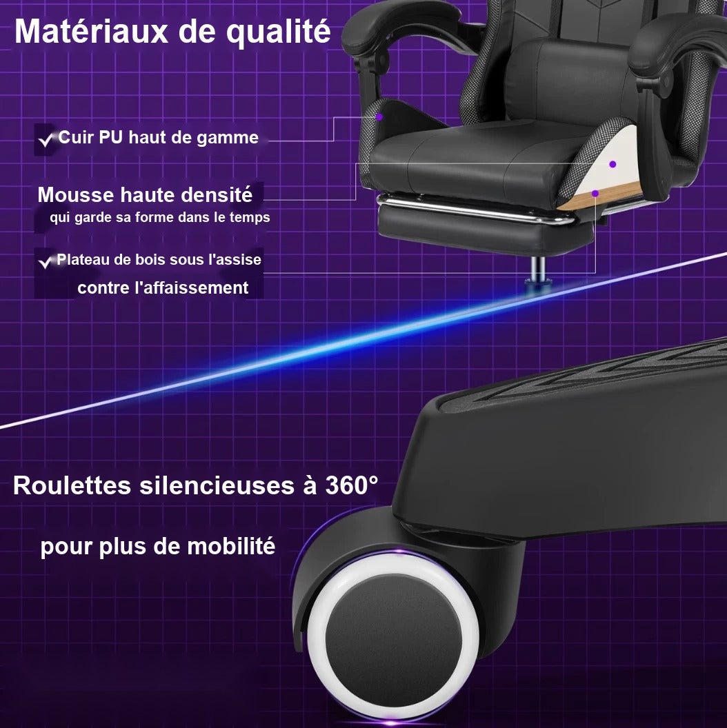 Matériaux de la chaise gamer : cuir PU, mousse haute densité et plateau de bois