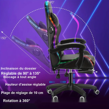 Réglages de la chaise gamer : dossier de 90 à 135 degrés, assise sur 10 cm, rotation 360 degrés