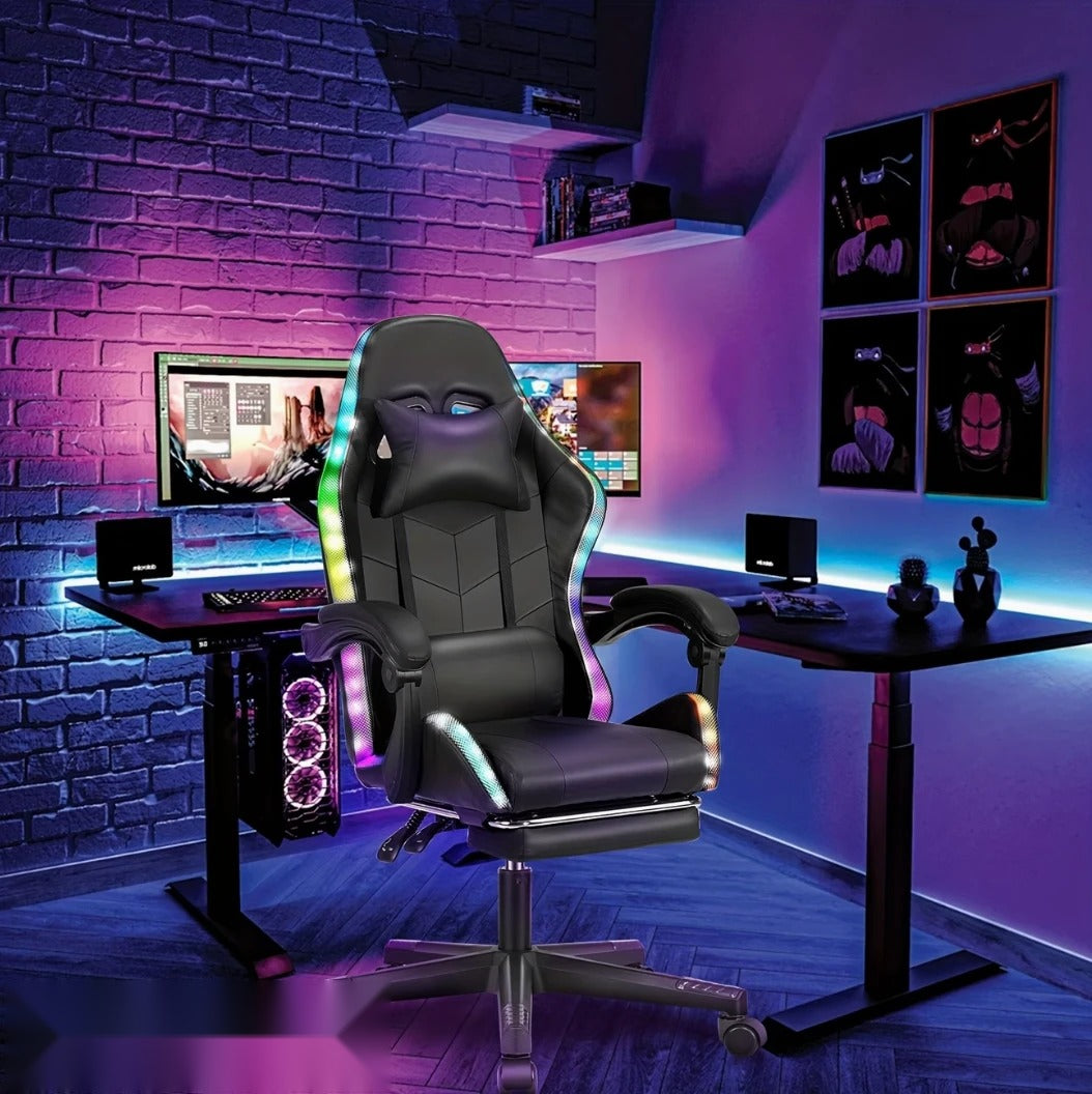 Chaise gamer LED RGB installée dans un coin bureau gaming