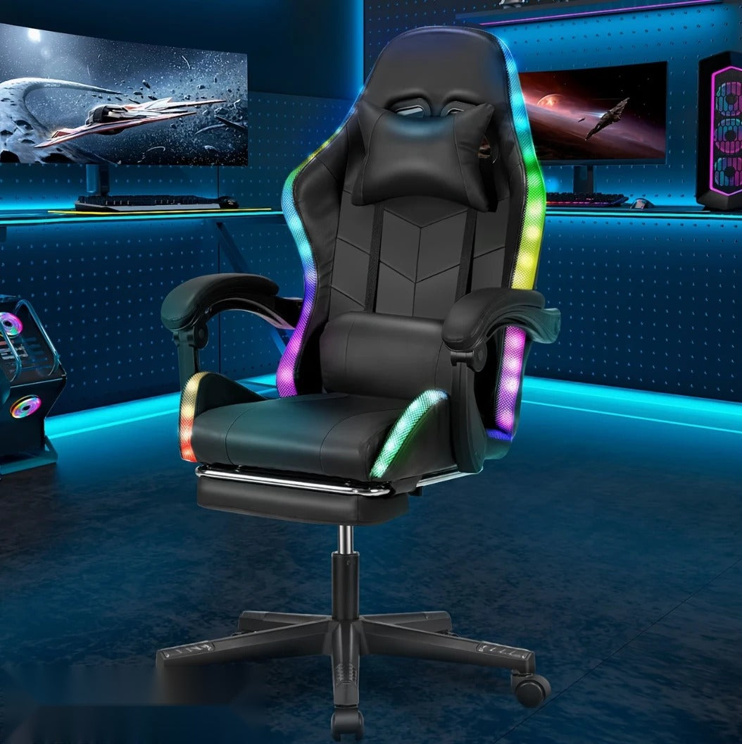 Chaise gamer noire à LED RGB avec repose-pieds et coussin de nuque