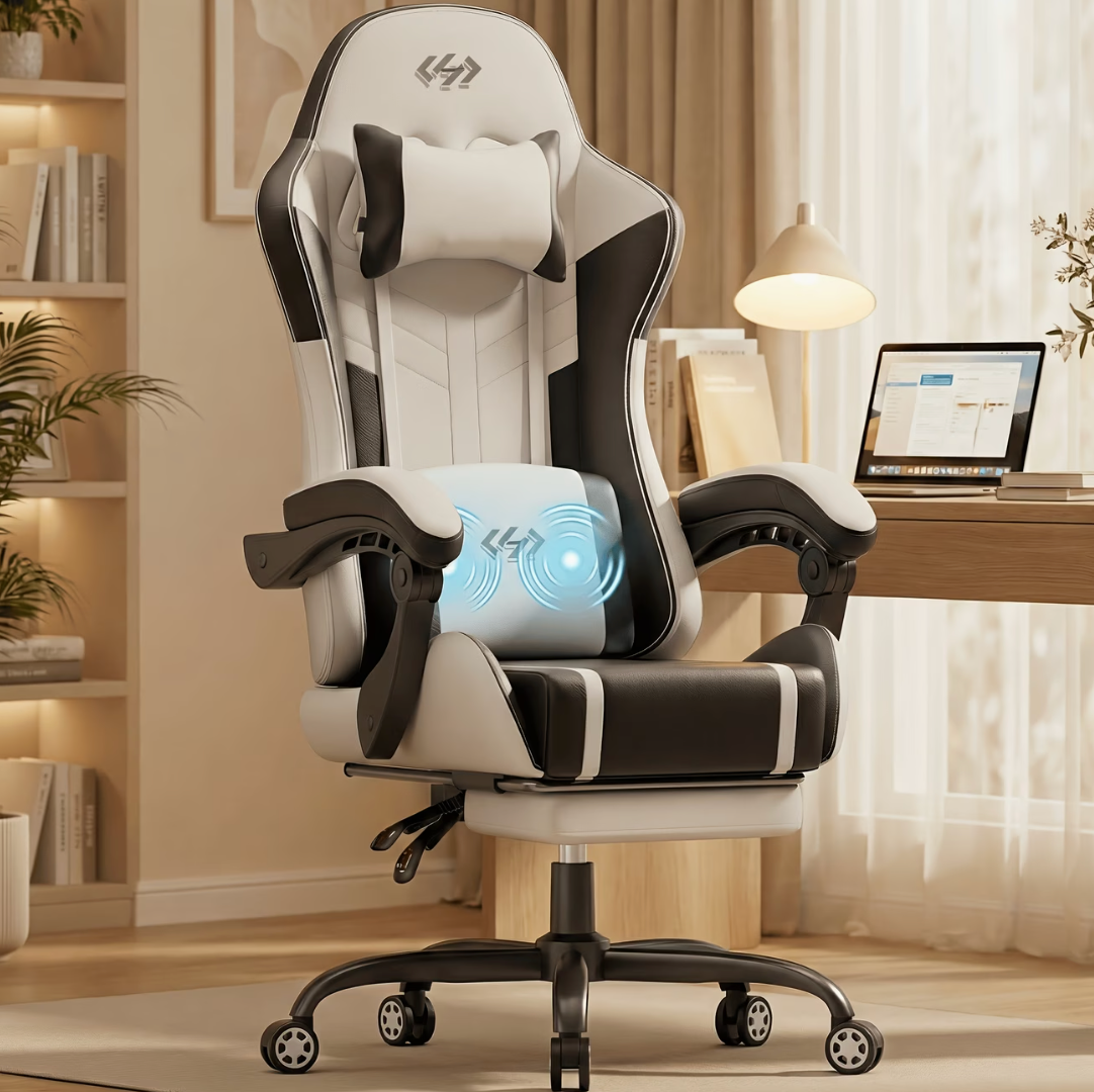 Chaise de bureau gamer massante blanche et noire, coussin lombaire massant en fonctionnement