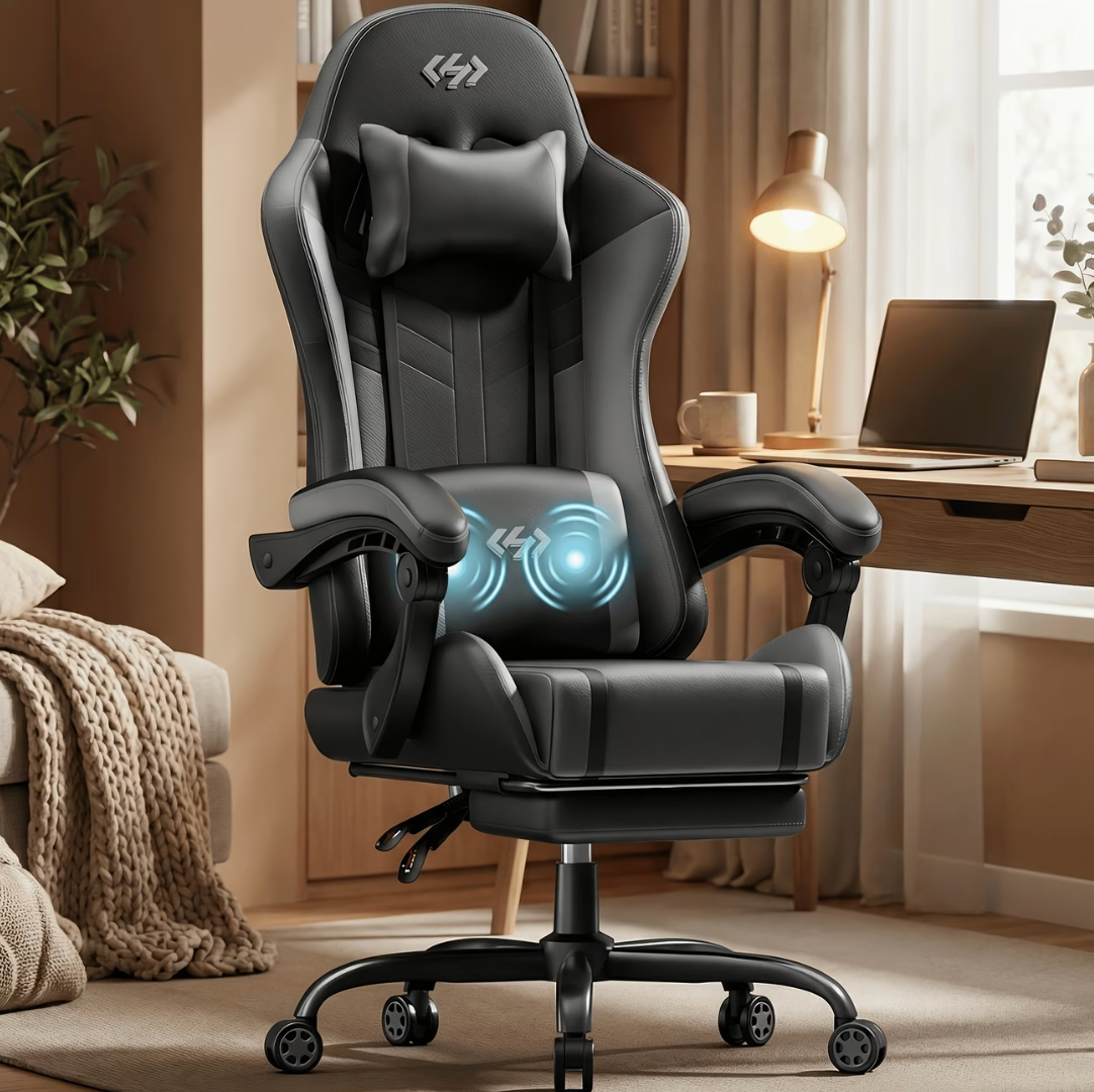 Chaise de bureau gamer massante noire, coussin lombaire massant en fonctionnement, dans un bureau à domicile