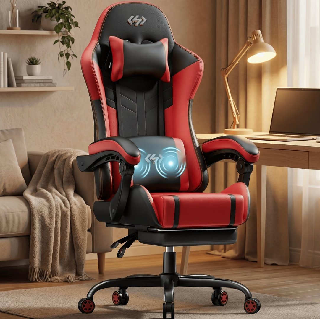 Chaise de bureau gamer massante rouge et noire, coussin lombaire massant en fonctionnement