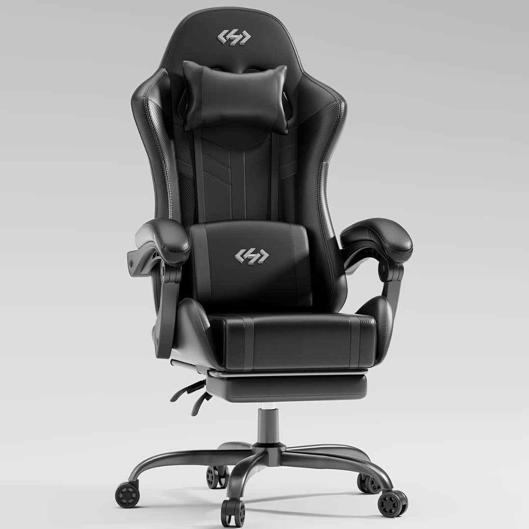 Chaise de bureau gamer noire, dossier inclinable et repose-pieds escamotable