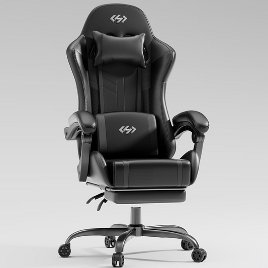 Chaise de bureau gamer noire, dossier inclinable et repose-pieds escamotable