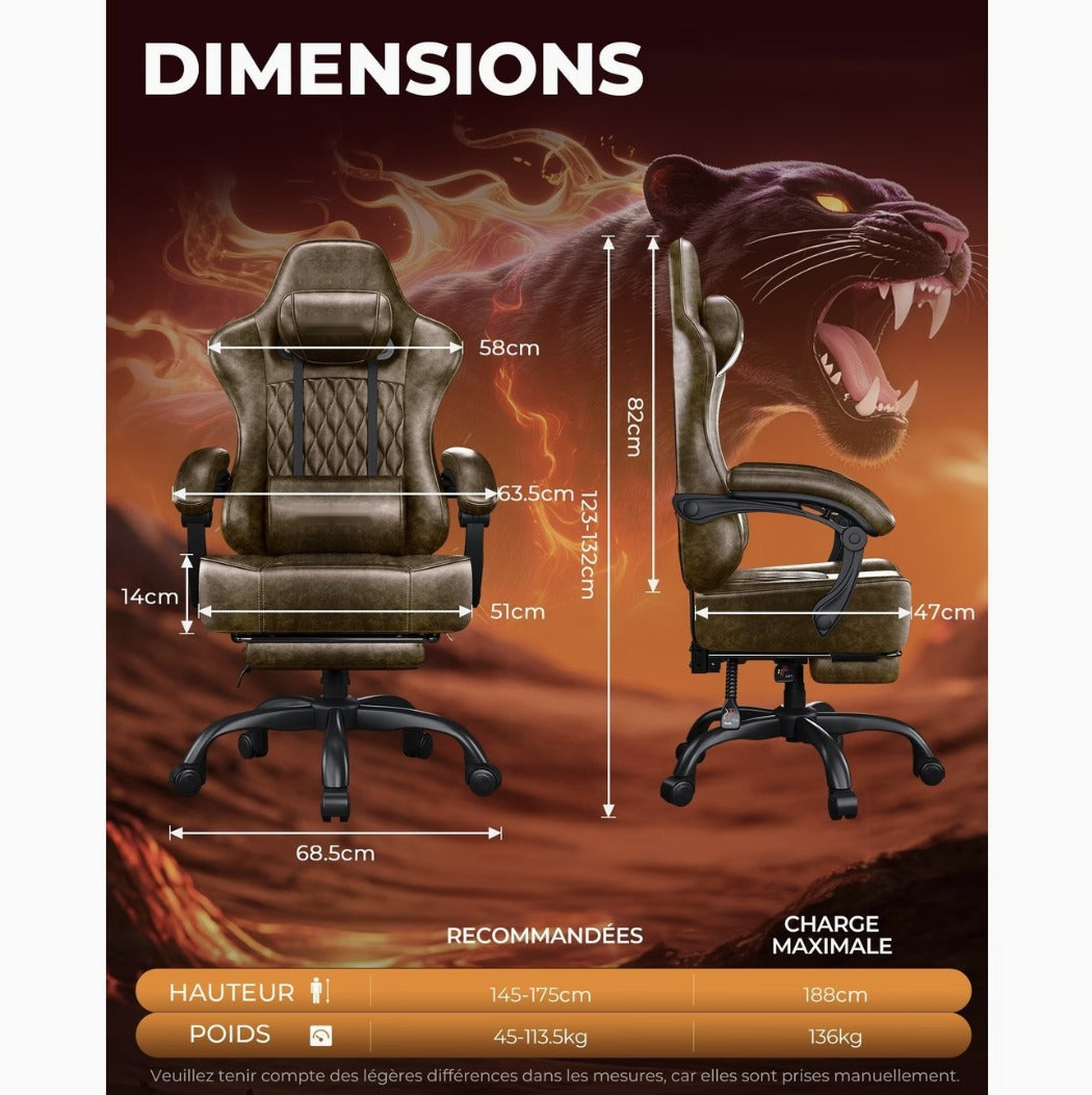 Dimensions de la chaise gaming design cuir