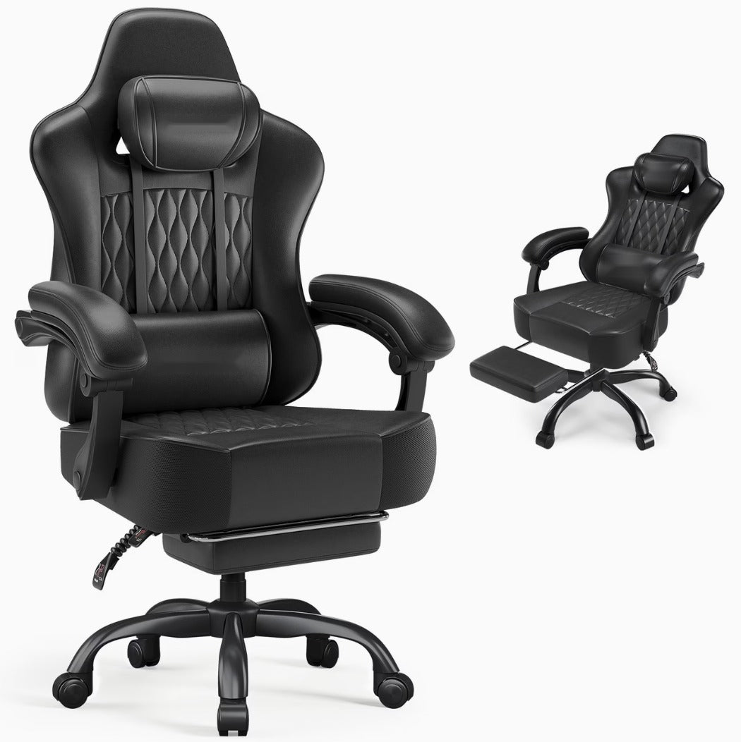 Chaise gaming design cuir noire avec repose-pieds et têtière