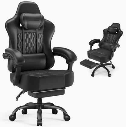 Chaise gaming design cuir noire avec repose-pieds et têtière