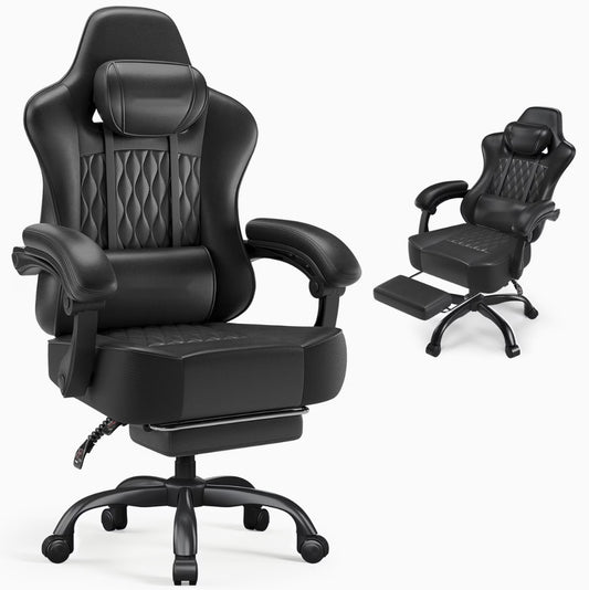 Chaise gaming design cuir noire avec repose-pieds et têtière