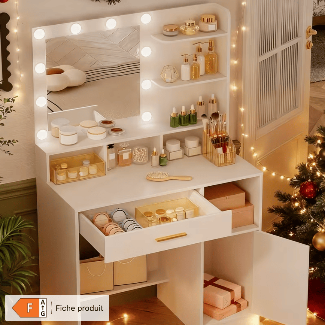 Coiffeuse blanche miroir Hollywood LED rangements et tiroir produits beauté