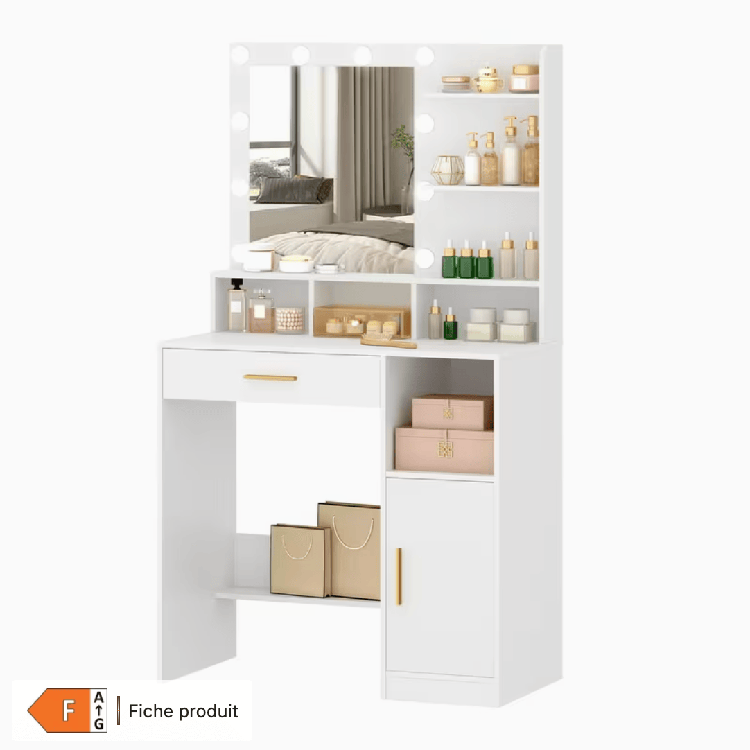Coiffeuse blanche miroir Hollywood LED vue isolée poignées dorées