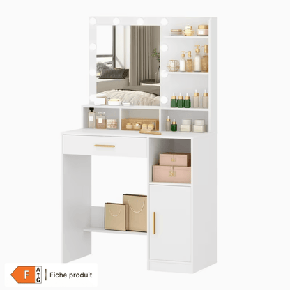 Coiffeuse blanche miroir Hollywood LED vue isolée poignées dorées